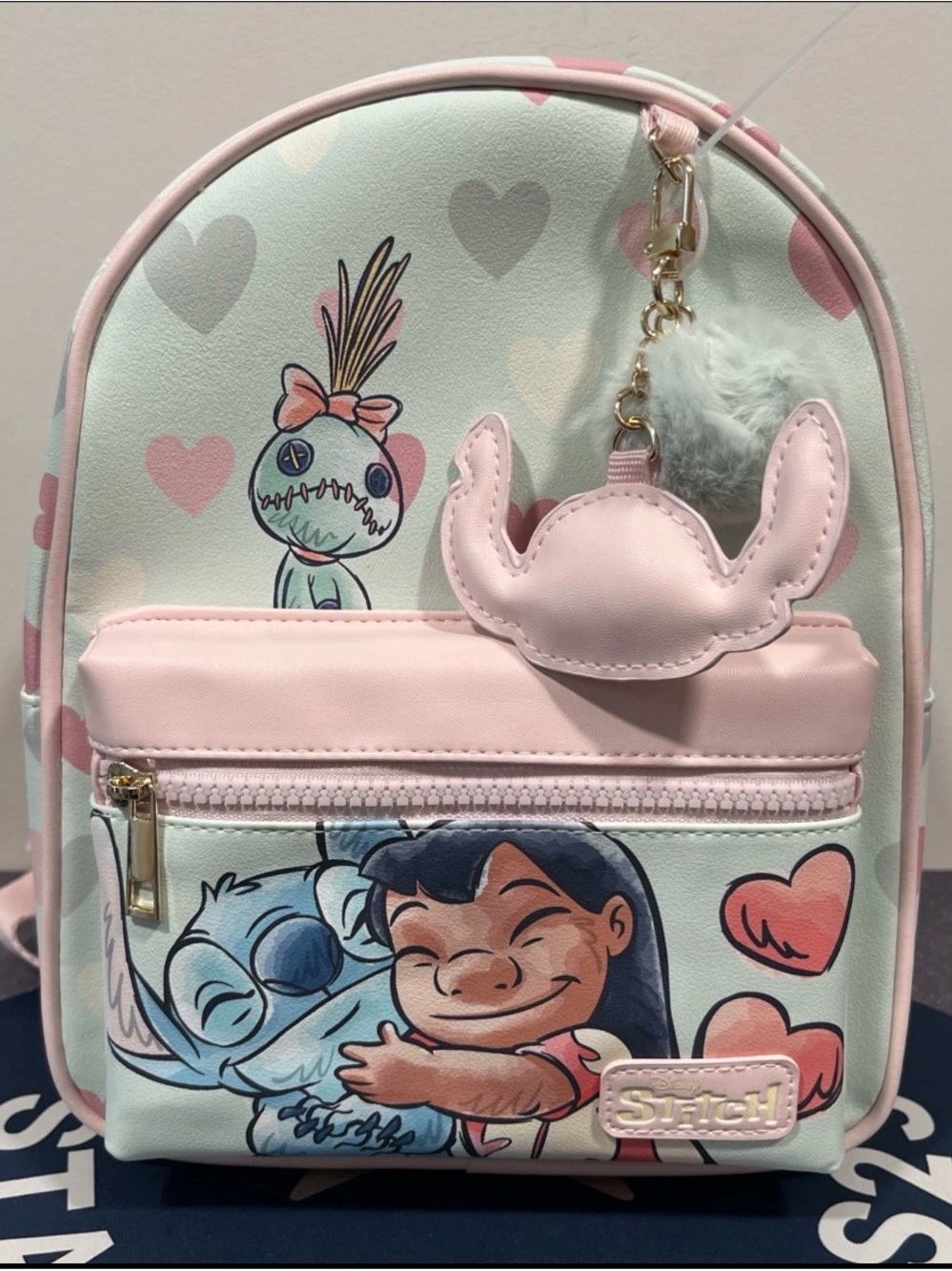 Disney Lilo & Stitch Kids Backpack Pink Hearts Pom Pom Adjustable Strap (B3)